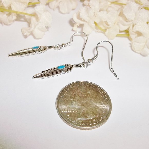 Silver & Turquoise Blue Feather Earrings Set 5374 - Picture 5 of 7